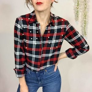 ZARA plaid pearl embellished button down shirt flannel long sleeve red black